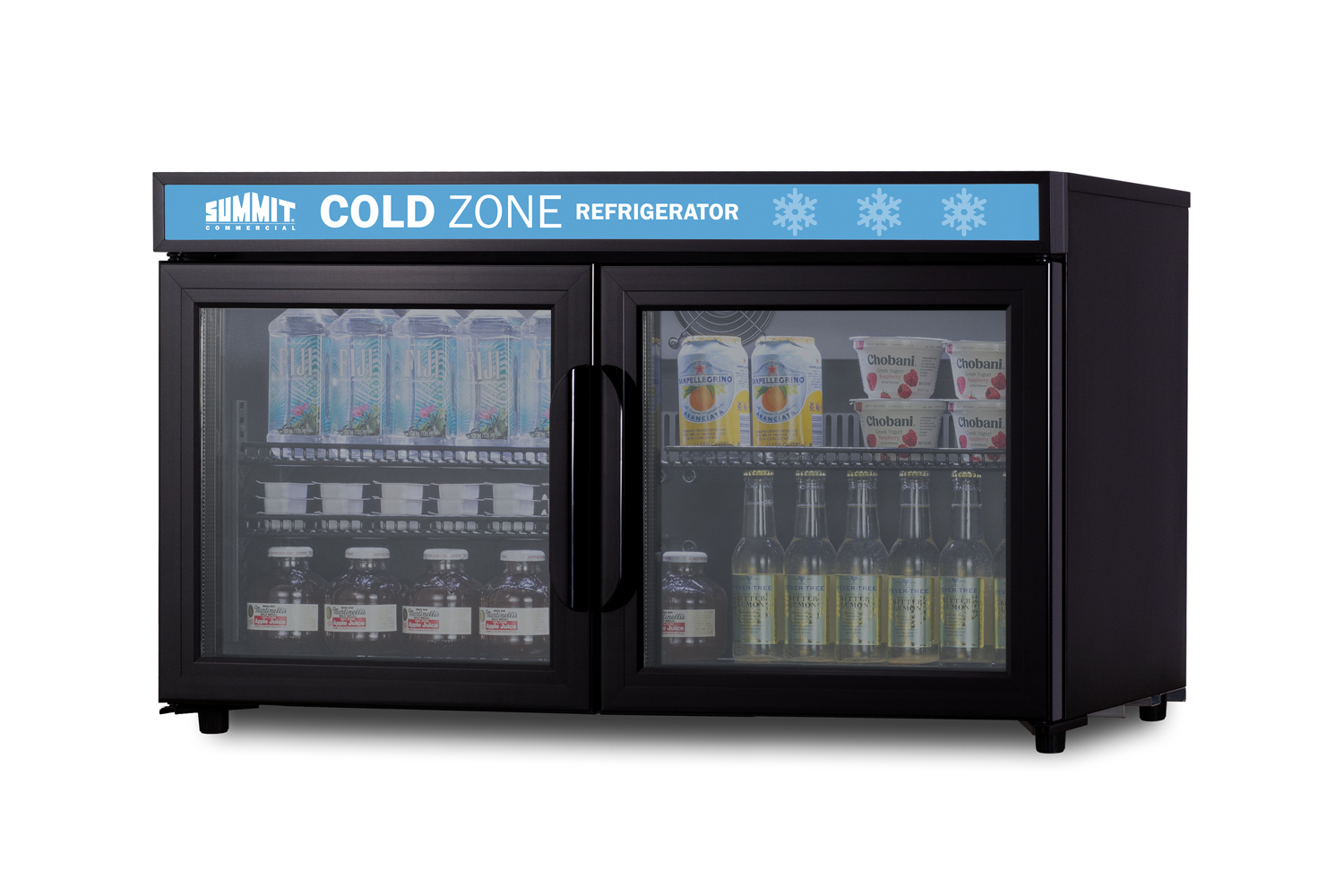 Countertop, shallow depth single-zone commercial refrigerator for freestanding use with French glass doors, black cabinet, digital controls, and LED lighting